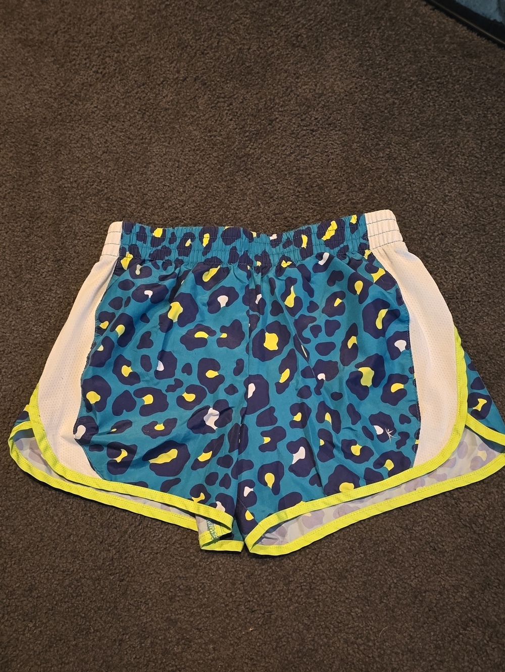 Danskin Blue Leopard Print Athletic Shorts with Neon Yellow Trim